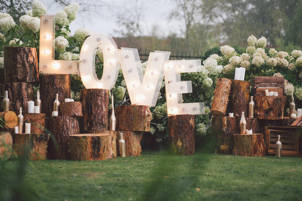 meadow decorated with wooden blocks, flowers and light up letters spelled LOVE