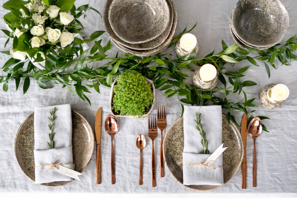 Wedding table decor featuring various nature elements