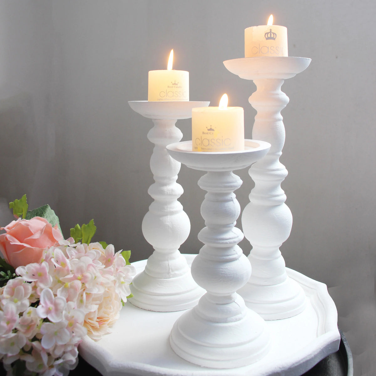 Rustic White Wooden Candlestick & Succulent Pot Tray – Elegant Décor