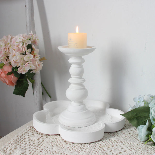 Rustic White Wooden Candlestick & Succulent Pot Tray – Elegant Décor